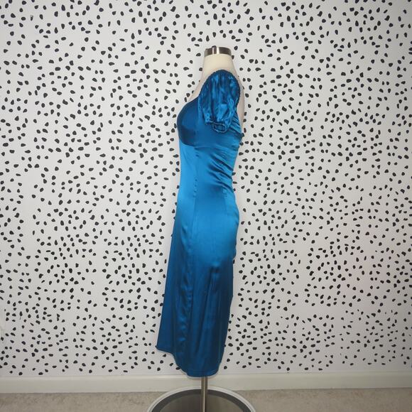 Alexis Blue Cadiz Silk Blend Puff Sleeve Satin Cocktail Midi Dress - Picture 8 of 12